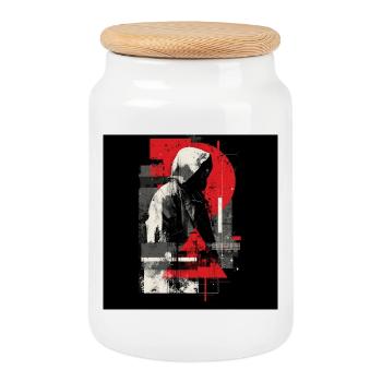 Mirage à capuchon : géométrie rouge-gris - Boîte à biscuits avec couvercle en bois - blanc - Devant