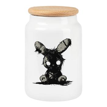 Dunkler Stoffhase – Gothic Plush Motiv - Keksdose mit Holzdeckel - Weiß - Vorne