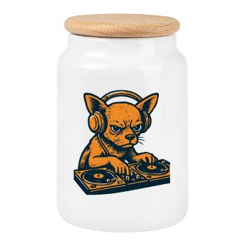 Chihuahua DJ Retro Turntables Headphones Gift - Cookie Jar with Wooden Lid - white - Front