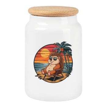 Lustiger Igel am Strand, Sommerurlaub Sonnenuntergang - Keksdose mit Holzdeckel - Weiß - Vorne