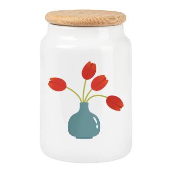 Tulpenexplosion in türkisfarbener Vase - Keksdose mit Holzdeckel - Weiß - Vorne
