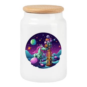 Galactic Unicorn Reading Storm - Cookie Jar with Wooden Lid - white - Front