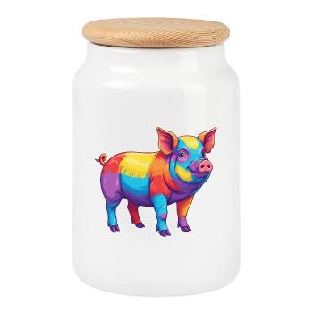 Buntes Schwein-Regenbogen-Pop-Art-Aquarell - Keksdose mit Holzdeckel - Weiß - Vorne