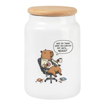 Procrastinating capybara beaver in the office - Cookie Jar with Wooden Lid - white - Front
