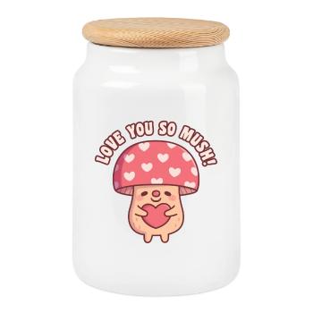 Cute Mushroom Hugging Heart Love You So Mush Pun - Cookie Jar with Wooden Lid - white - Front
