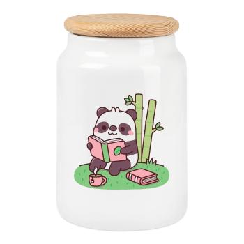 Cute Panda Reading A Book Near Bamboo Plants - Cookie Jar with Wooden Lid - white - Front