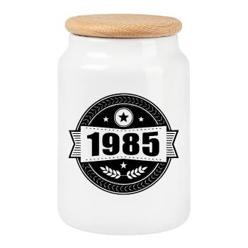 1985 black - Cookie Jar with Wooden Lid - white - Front