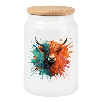 Peinture aquarelle de bétail des Highlands – Art animalier en couleur éclaboussée - Boîte à biscuits avec couvercle en bois - blanc - Devant
