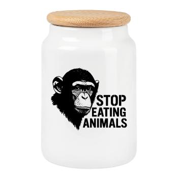 Arrêtez de manger des animaux – Conception du chimpanzé - Boîte à biscuits avec couvercle en bois - blanc - Devant