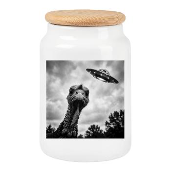 Turkey Meets UFO Funny Alien Encounter - Cookie Jar with Wooden Lid - white - Front