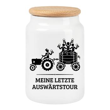 My last away tour, tractor beer barrel JGA B - Cookie Jar with Wooden Lid - white - Front