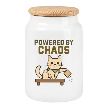Powered by Chaos - Freche Katze wirft Kaffee um - Keksdose mit Holzdeckel - Weiß - Vorne