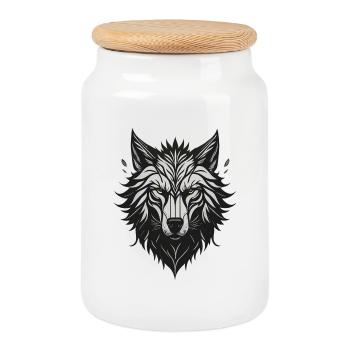 Night Stylized Wolf - Cookie Jar with Wooden Lid - white - Front