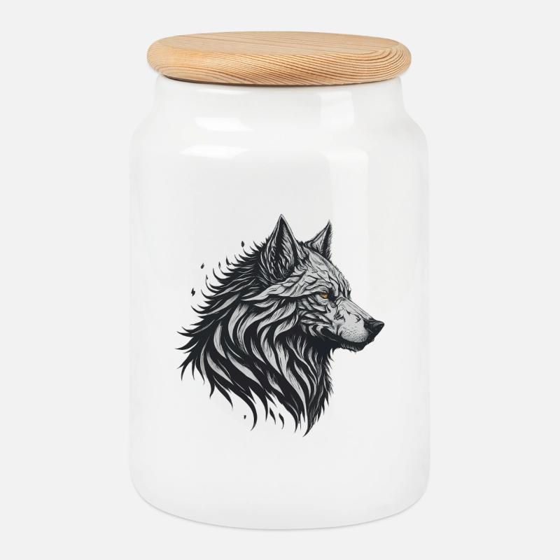 Geometrischer Schwarzer Wolf - Keksdose mit Holzdeckel - Weiß