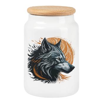 Schwarzer Wolf unter dem goldenen Mond - Keksdose mit Holzdeckel - Weiß - Vorne