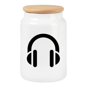 Musik und Rhythmus, Kopfhörer, Logo-Ohrhörer - Keksdose mit Holzdeckel - Weiß - Vorne
