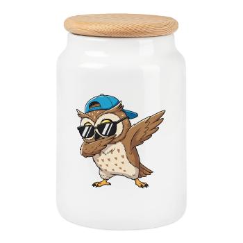 Cool Dabbing Owl Sunglasses Cartoon Art - Cookie Jar with Wooden Lid - white - Front
