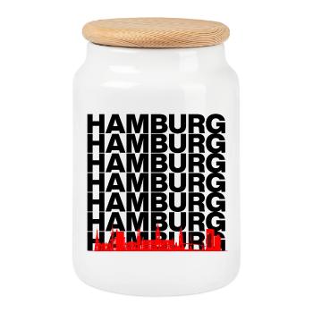 HAMBURG SKYLINE, HAMBURGLIEBE HAFENPANORAMA - Keksdose mit Holzdeckel - Weiß - Vorne