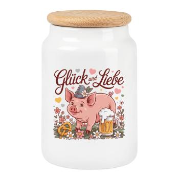 Glück und Liebe Schwein mit Bier - Keksdose mit Holzdeckel - Weiß - Vorne