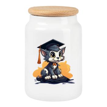 Chaton avec bonnet - Boîte à biscuits avec couvercle en bois - blanc - Devant