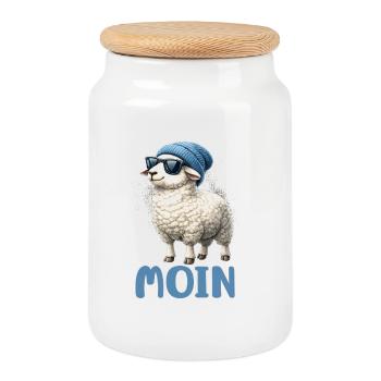 Moin mouton avec des lunettes de soleil - Boîte à biscuits avec couvercle en bois - blanc - Devant