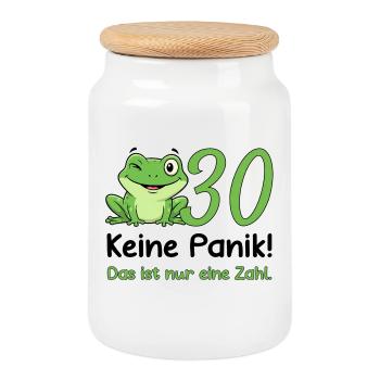 30 Geburtstag Design – Keine Panik! Lustig Frosch - Keksdose mit Holzdeckel - Weiß - Vorne