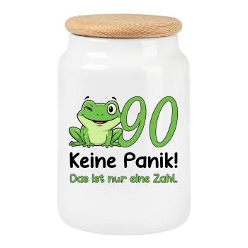 90 Birthday Desig – Don't Panic! Funny Frog - Cookie Jar with Wooden Lid - white - Front