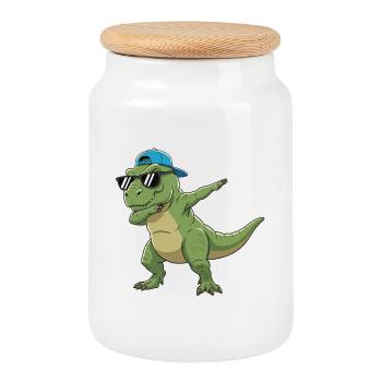 Cool Dabbing T-Rex Sunglasses Cartoon Art - Cookie Jar with Wooden Lid - white - Front