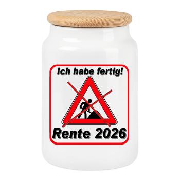 Ich habe fertig , Rente 2026 - Keksdose mit Holzdeckel - Weiß - Vorne