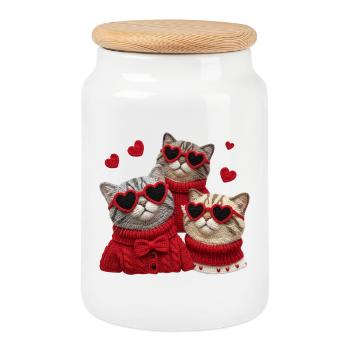 Valentins Katzen Mit Herzbrillen Und Pullis - Keksdose mit Holzdeckel - Weiß - Vorne