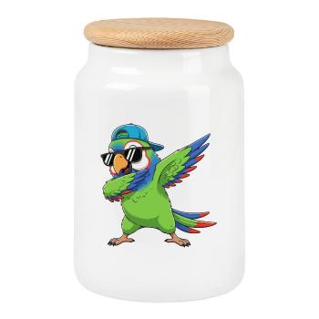 Cool Dabbing Parrot Sunglasses Cartoon Art - Cookie Jar with Wooden Lid - white - Front