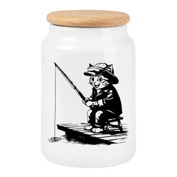 Chat Pêcheur Rigolo - Design Chat qui Pêche - Boîte à biscuits avec couvercle en bois - blanc - Devant