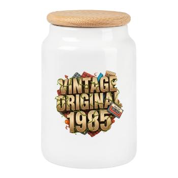 Vintage Original 1985 Retro - Cookie Jar with Wooden Lid - white - Front