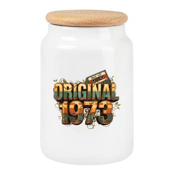 Original 1973 Retro - Cookie Jar with Wooden Lid - white - Front