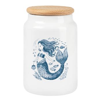 Blue Mermaid in Vintage Lineart Style - Cookie Jar with Wooden Lid - white - Front