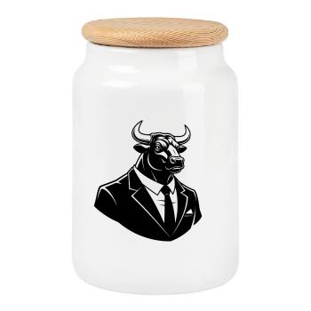 Bull in a Suit – Business Animal Motif - Cookie Jar with Wooden Lid - white - Front