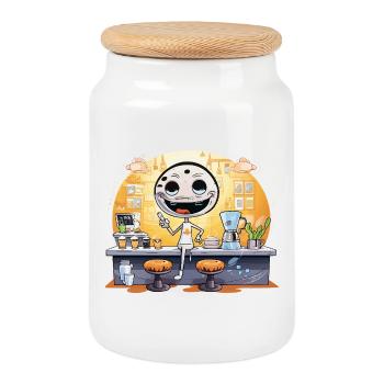 Dessin animé Barista Robot Café - Boîte à biscuits avec couvercle en bois - blanc - Devant