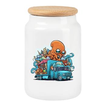 Camion poubelle coloré pieuvre - Boîte à biscuits avec couvercle en bois - blanc - Devant