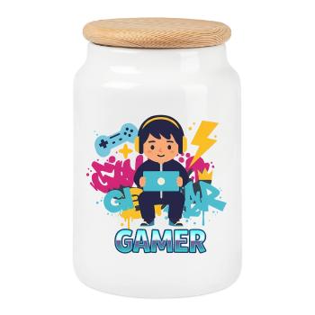 Gamer Kid avec manette et écouteurs - Boîte à biscuits avec couvercle en bois - blanc - Devant