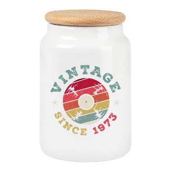 Vintage 1973 - Cookie Jar with Wooden Lid - white - Front