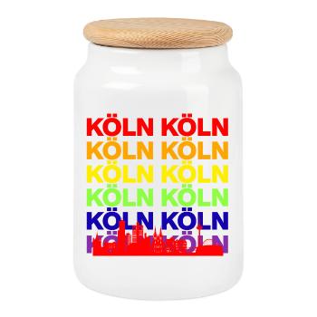 KÖLN REGENBOGEN SKYLINE, KÖLLE PRIDE, LGBTQ+ - Keksdose mit Holzdeckel - Weiß - Vorne
