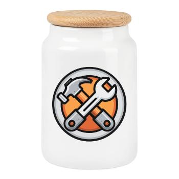 Tools in hand, handyman always ready, handyman - Cookie Jar with Wooden Lid - white - Front