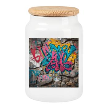Graffitis colorés sur un mur de pierre - Boîte à biscuits avec couvercle en bois - blanc - Devant
