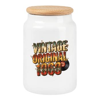 Vinyle vintage original de 1969 - Boîte à biscuits avec couvercle en bois - blanc - Devant
