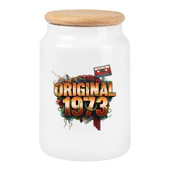 Original 1973 Retro - Cookie Jar with Wooden Lid - white - Front