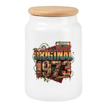 Original 1973 Retro Collage - Cookie Jar with Wooden Lid - white - Front