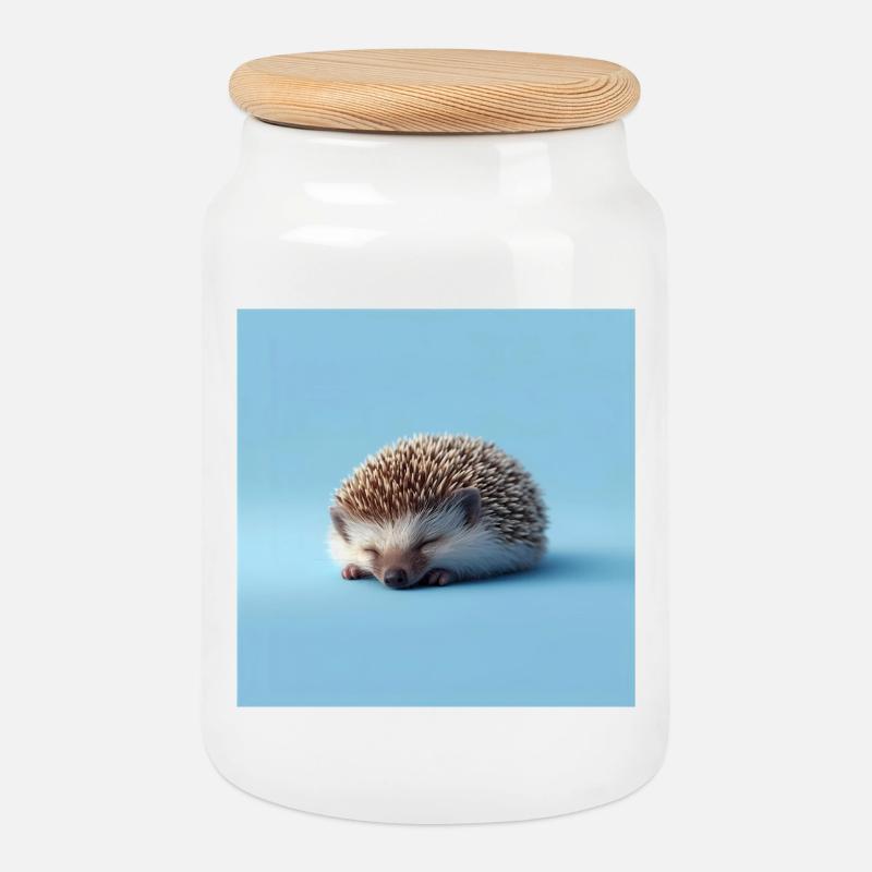 Blauer schlafender Igel - Keksdose mit Holzdeckel - Weiß