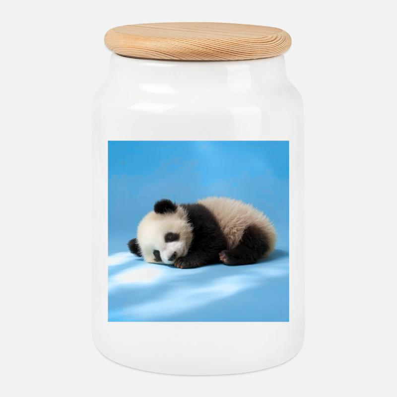 Blauer schlafender Panda - Keksdose mit Holzdeckel - Weiß