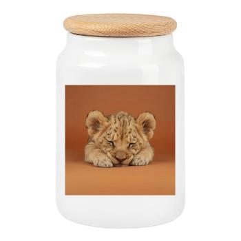 Sleeping cheetah cub - Cookie Jar with Wooden Lid - white - Front