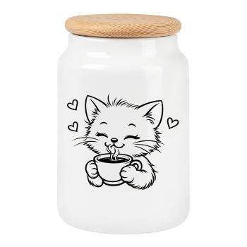 Le chaton boit café, câlin, magie - Boîte à biscuits avec couvercle en bois - blanc - Devant
